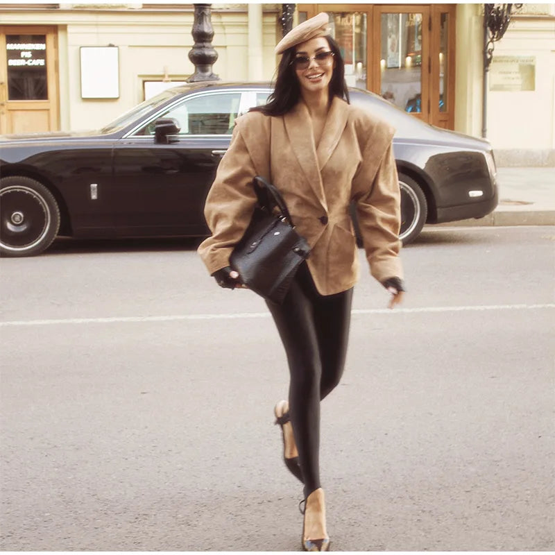 Brown Single Breasted Suede Jacket Women's Fashion