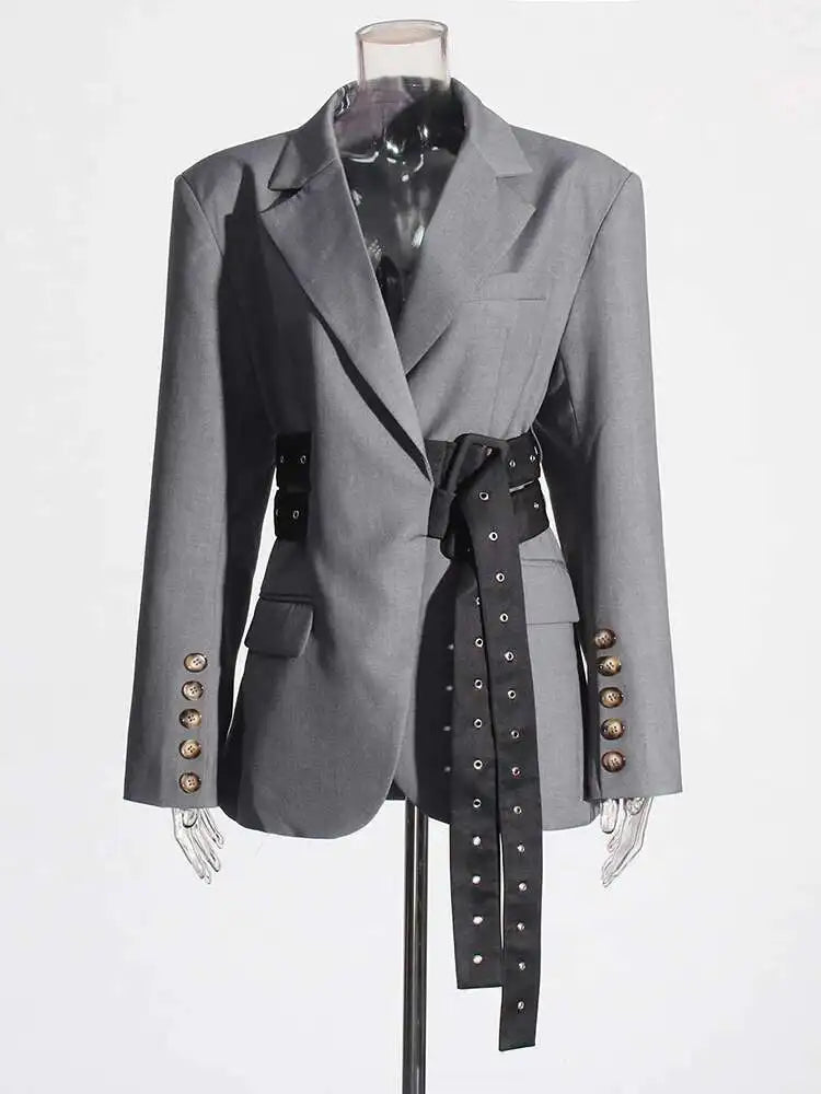 Solid Temperament Jacket Spliced Belt Blazer Women Notched Collar Long Sleeve Outerwear Patchwork Button Elegant Blazers Female