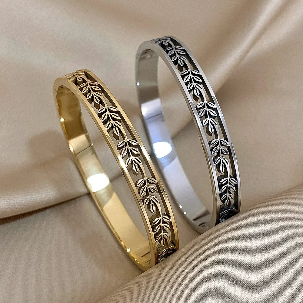 Vintage Greek Laurel Leaves Stainless Steel Bangle