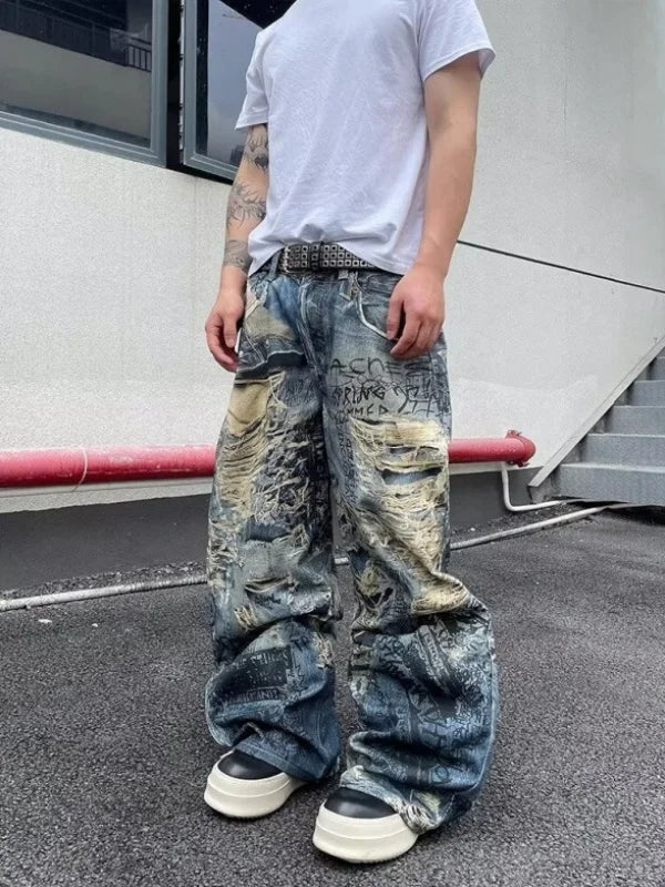 American High Street Retro 3D Digital Illusion Worn out Men's Women's Loose Straight Leg Wide Leg Long Jeans Casual Faion