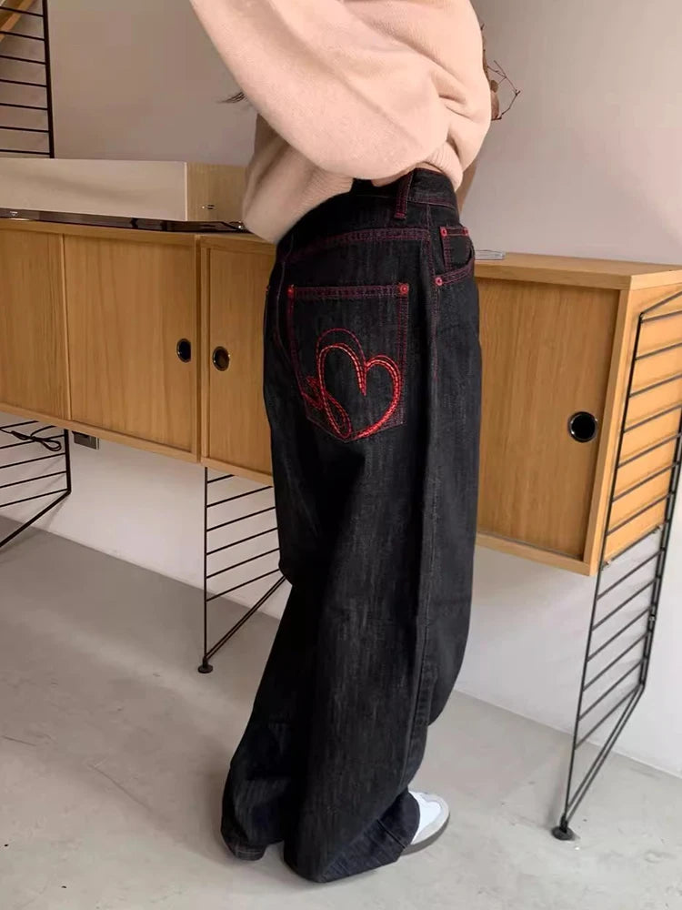 High Waist Wide Leg Red Stitching Jeans
