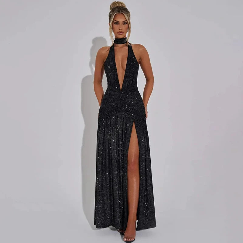 Sexy Evening Dress Halter Hanging Backless Shiny Silk Deep V Hollow Out Sleeveless Spicy Girl Height Slit Dress Women's Clothing