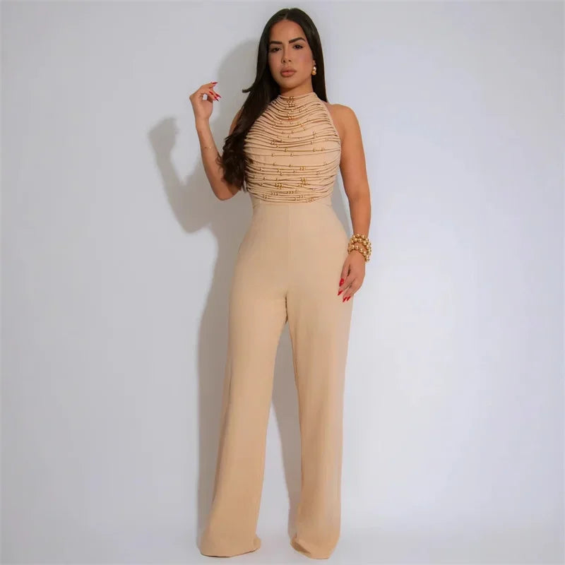 Sexy Halter Backless Jumpsuit Women Elegance High Waist Flare Pants Sleeveless Beading Ruched Party Romper Club Birthday Outfits
