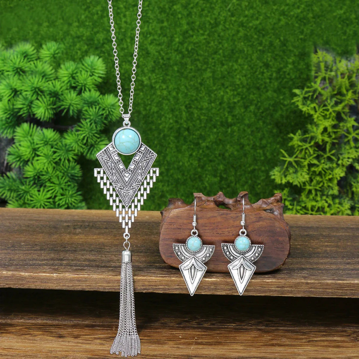 Ethnic Blue Stone Tassel Necklace & Earrings Set