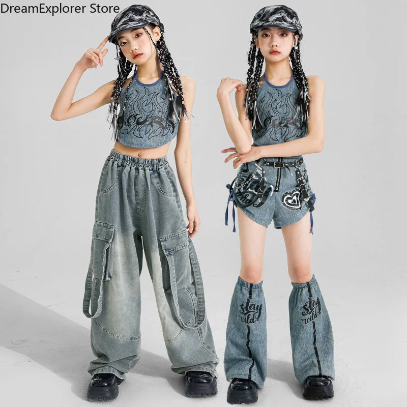 K-pop Girls' Denim Crop Top & Cargo Jeans Set