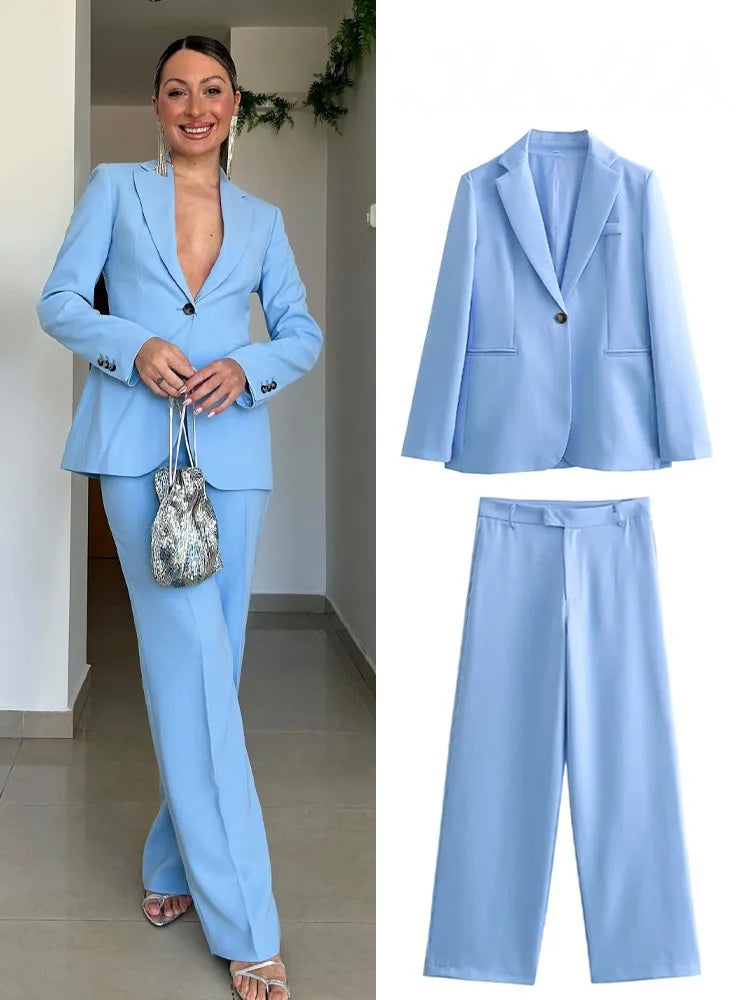 HH Woman Suit Blue Turn-Down Collar Long Sleeves Pockets Single Button+Mid Waist Pockets Zipper Wide Leg Pants Female Sets