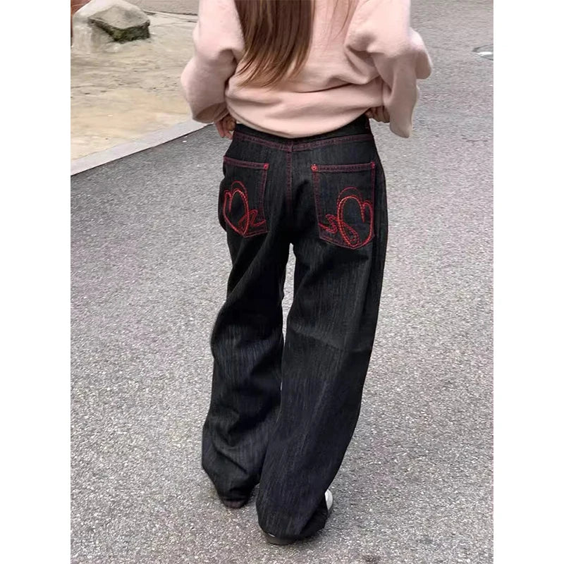 High Waist Wide Leg Red Stitching Jeans