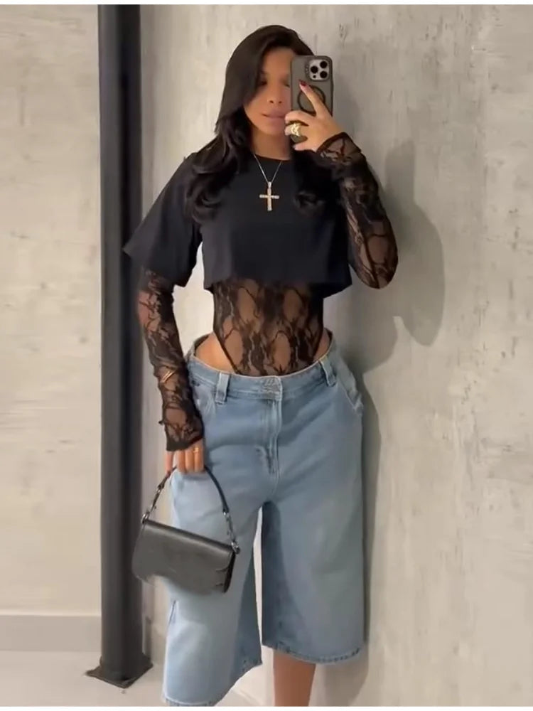 Sexy Lace Bodysuit T-Shirt 2-Piece Set Women's Long Sleeve Shapewear Corsets Y2K Streetwear Outfit 2025 Summer Casual Outwear