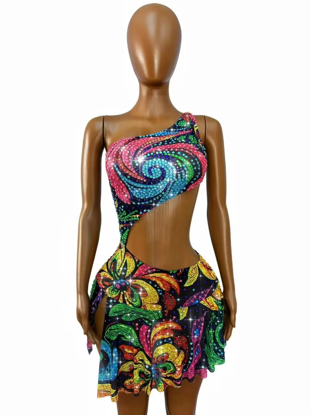 Xingyunhua Women Sparkly Multicolor Swirl Floral Rhinestone MeshDress