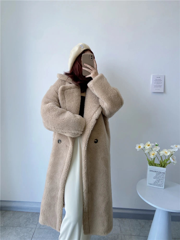 Winter Jacket Women Long Coat Wool Woven Fabric Thick Warm
