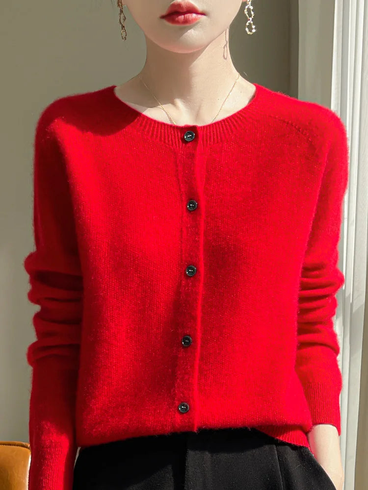 ADDONEE Women's Merino Wool O-Neck Cardigan