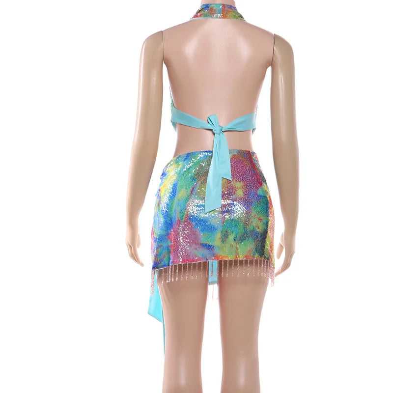 Spring 2026 Women's Fashion Sequined Halter Top Tassel Strap
