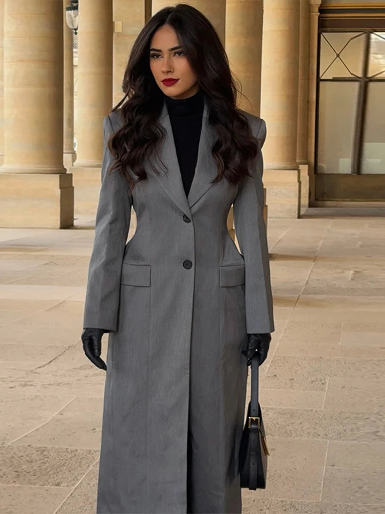Elegant Solid Blazers Coat Women Gray Long Closed Waist V-neck Single Breasted Loose Coats Female 2025 Autumn Lady Outwears