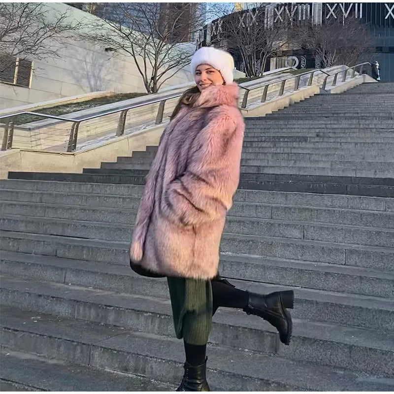 Retro Lapel Rose Red Faux Fur Coats Women