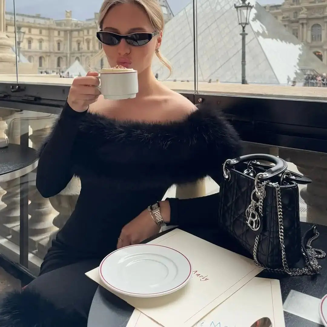 Ofherown Elegant Off Shoulder Black Midi Evening Dress