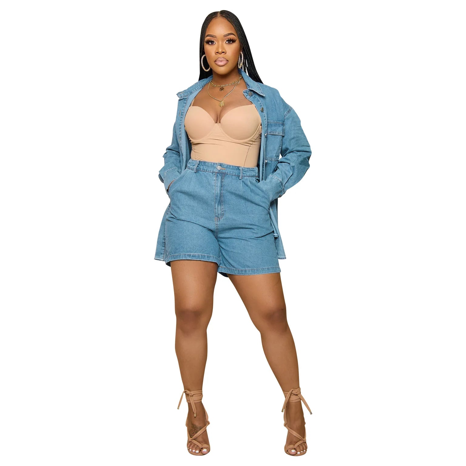 Fashion Women Denim Two 2 Piece Set Long Sleeve Jacket