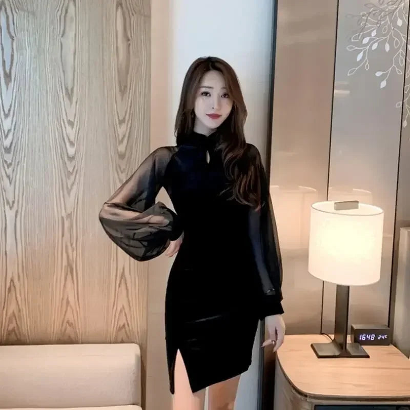 Sensual Sexy Dresses for Women Splicing Woman Long Sleeve Dress Mesh Elegant Chic Cheap Casual One-piece Elastic Pretty Kpop Y2k