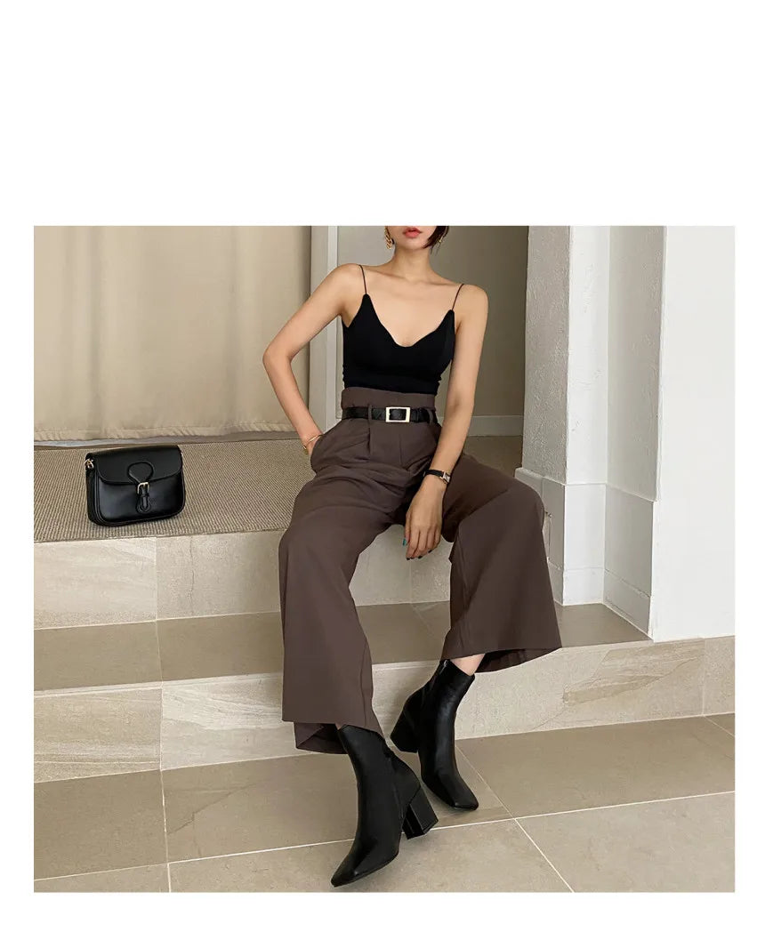 Chic Retro Lapel ort One Button Suit Jaet High Waist Wide Leg Pants