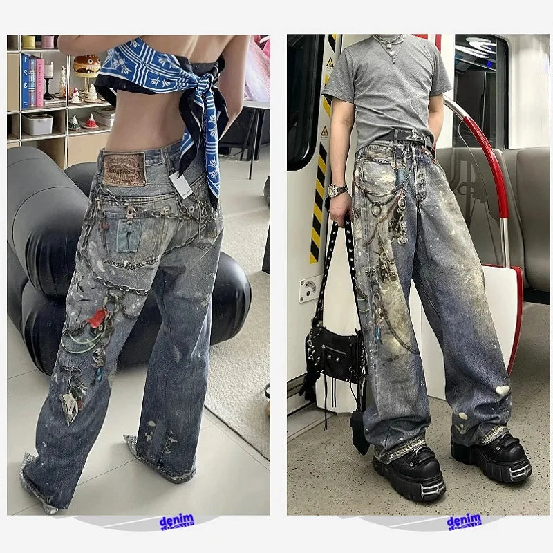 CHIC Streetwear Baggy Jeans for Men American Vintage 3D Painting Printed Washed Denim Pants Women Straight Wide Leg Trousers