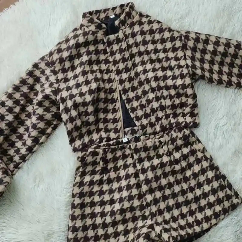2025 Spring Retro Plaid Women Sets Casual Chic Full Sleeve