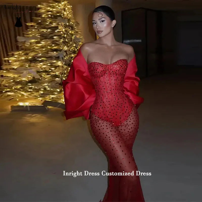 Inright Customized Sexy Red Beading Birthday Dress African Red Carpet Dress