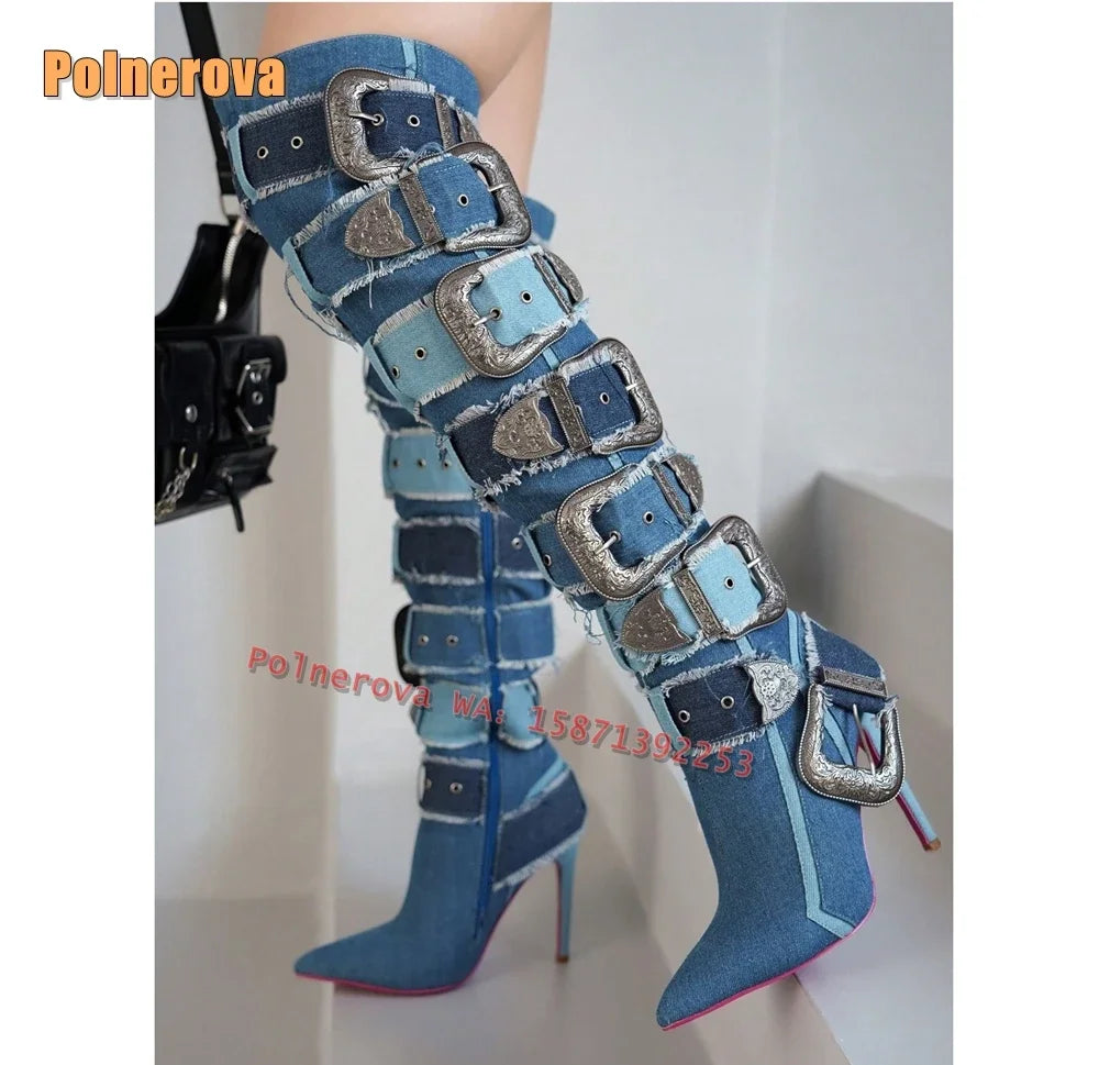 Metal Belt Buckle Canvas Fashion Boots Pointed Toe