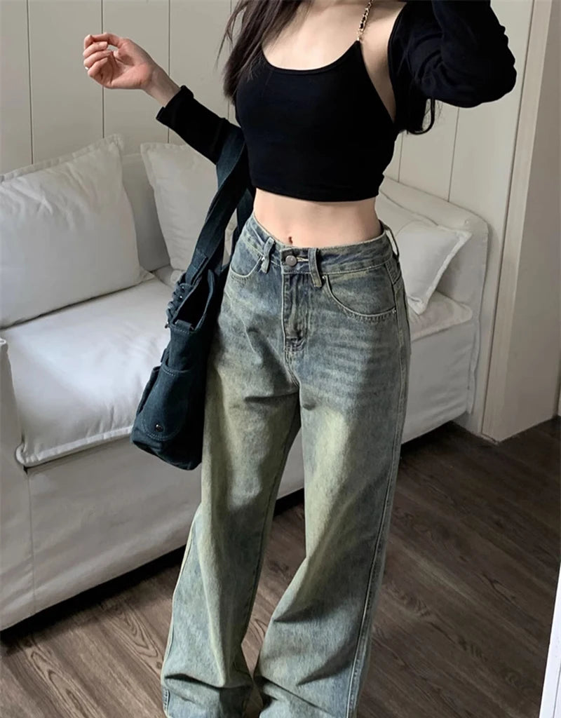 Retro Washed Vintage High-Waisted Jeans