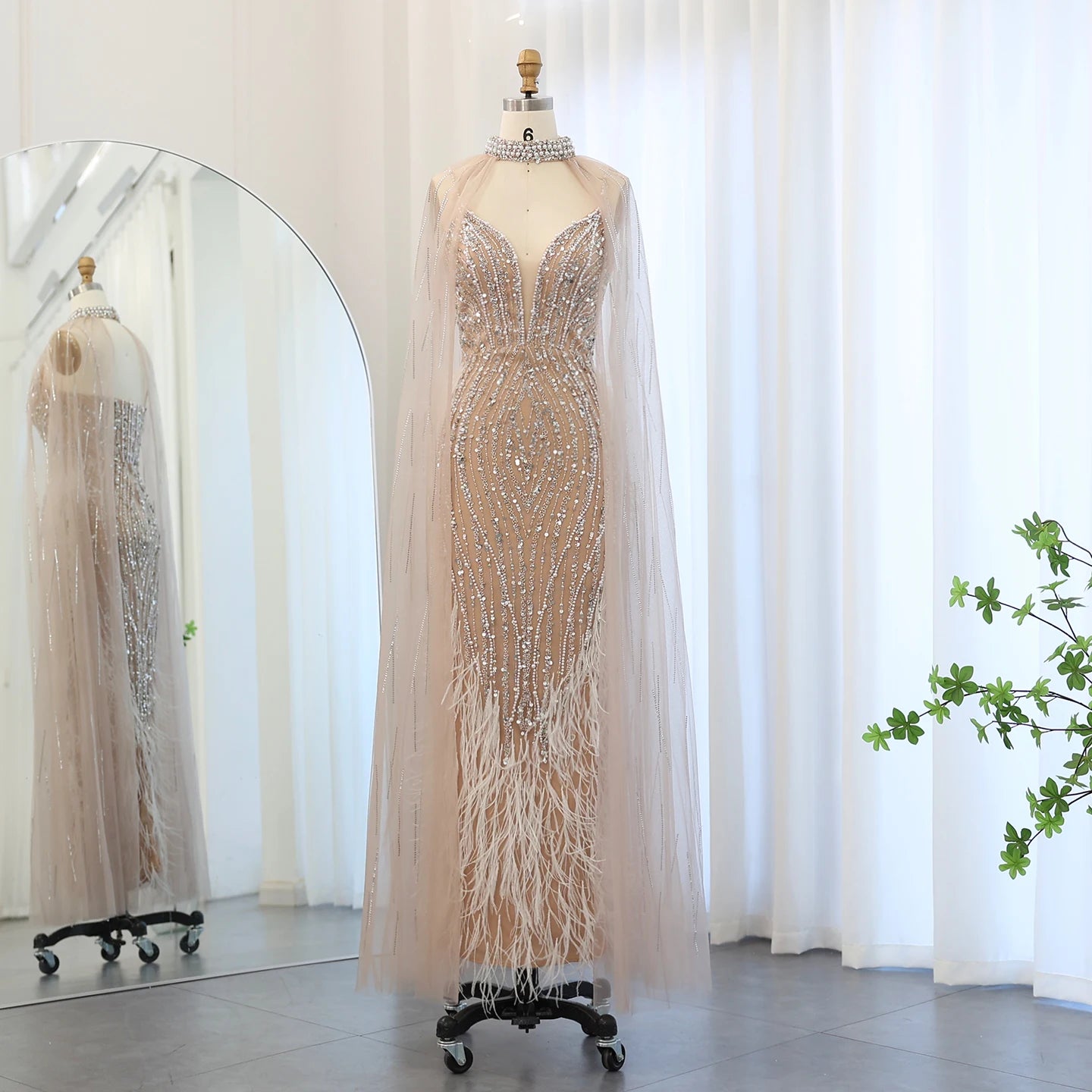 Sharon Said Luxury Feather White Nude Mermaid Evening Dress