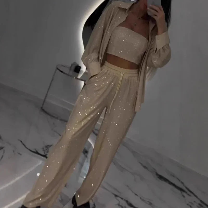 Sexy Sequins Shiny Three Piece Set Womens Strapless