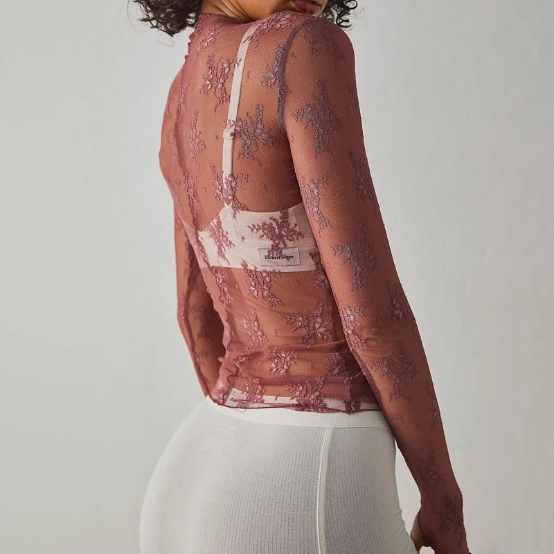 Sexy Sheer Mesh Long Sleeve Crop Top for Women Mock Neck Floral Lace Tshirt Fairy Coquette See Through Tees Blouse Cover-ups