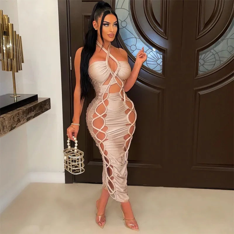 Green Hollow Out Halter Bodycon Dress Women Sleeveless Ruched Midi Sexy Outfits Party Club Bandage Y2K Dress Summer Fashion