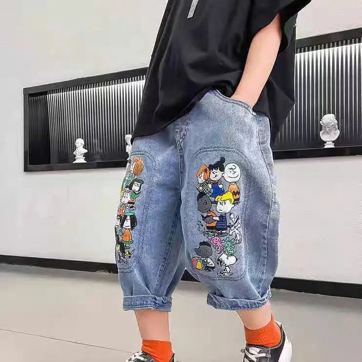 Boys Loose Cartoon Printed Jean Shorts