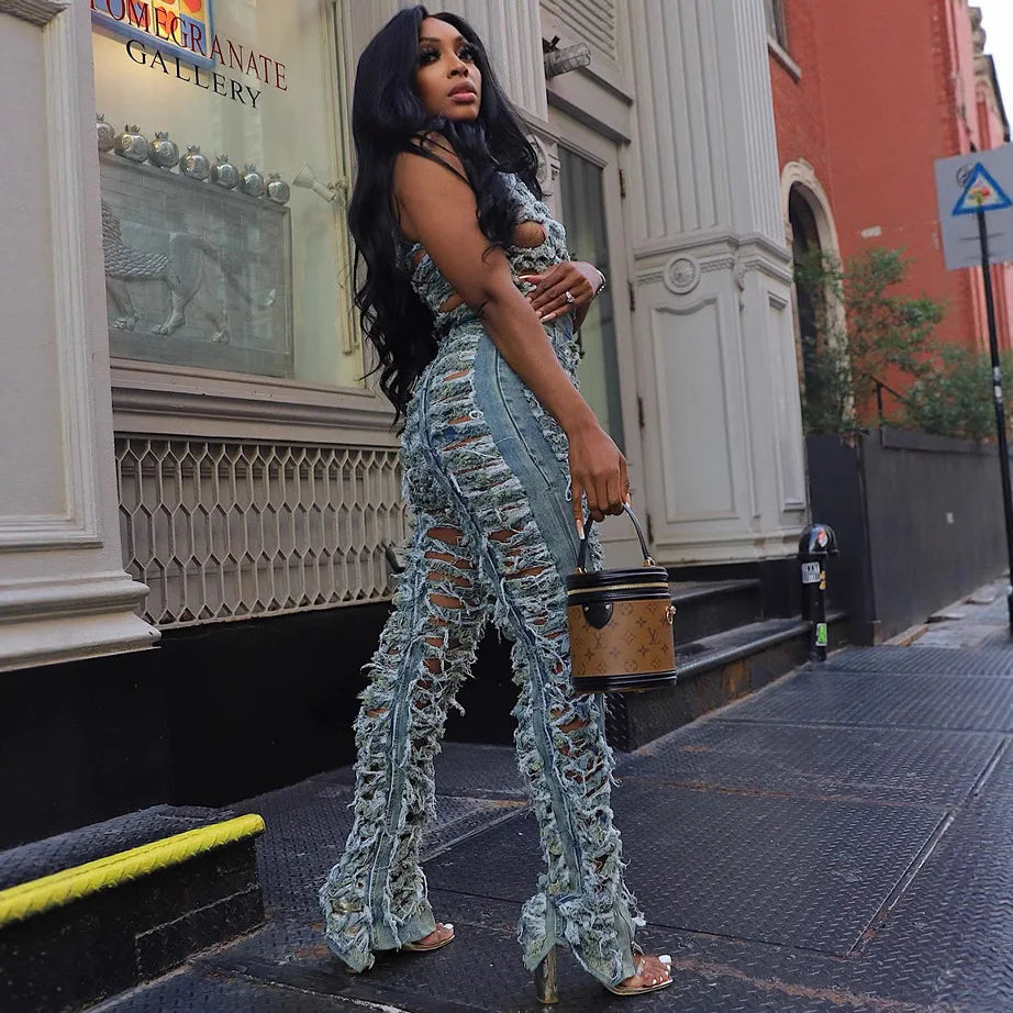 2025 New Handmade Distressed Backless High Waist Slit Blue Denim Jumpsuit