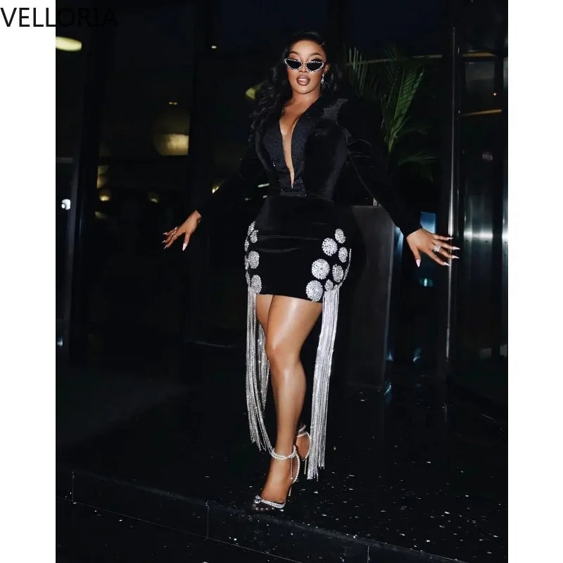 Black Velvet Blazer Dress for Black Women Sexy Deep V-Neck Gold Rhinestone