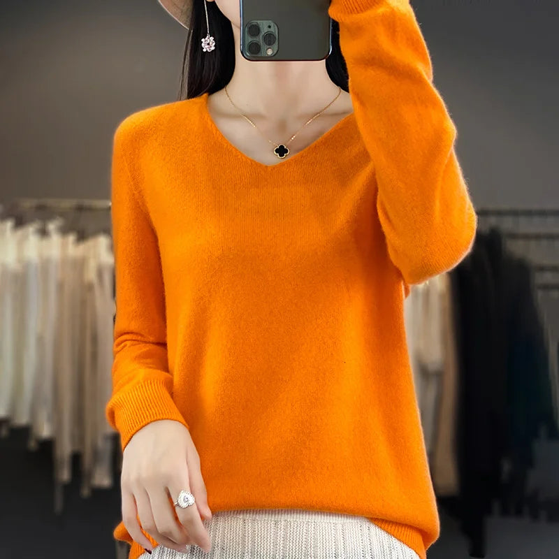 100% Merino Wool V-Neck Sweater for Women