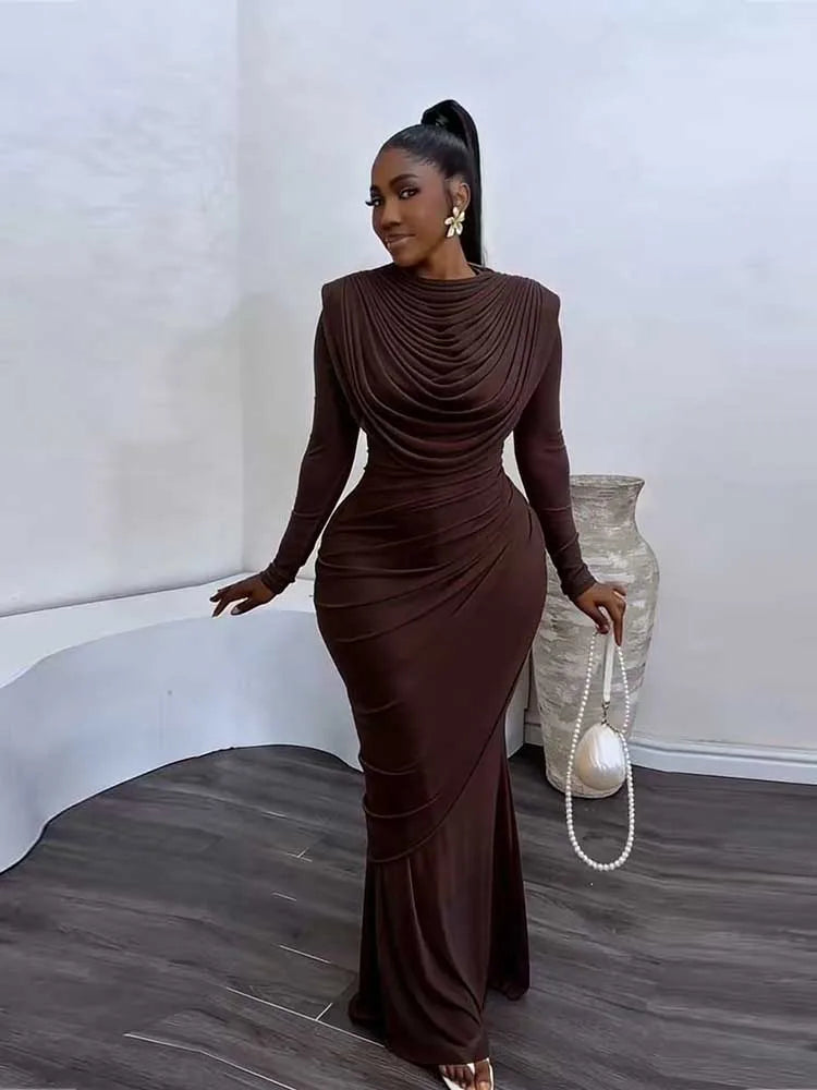 Chic and Elegant Women's Evening Dress Mesh Draped Collar Long Sleeve Bodycon