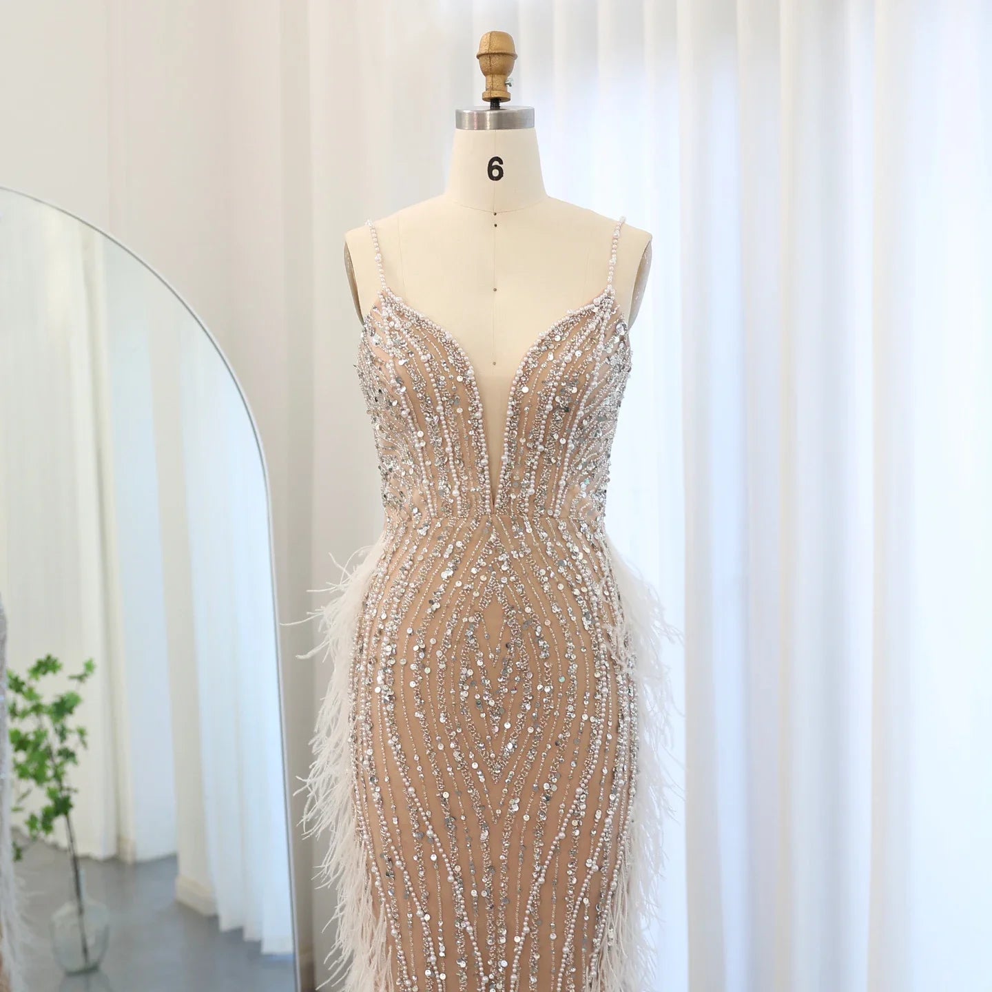 Sharon Said Luxury Feather White Nude Mermaid Evening Dress