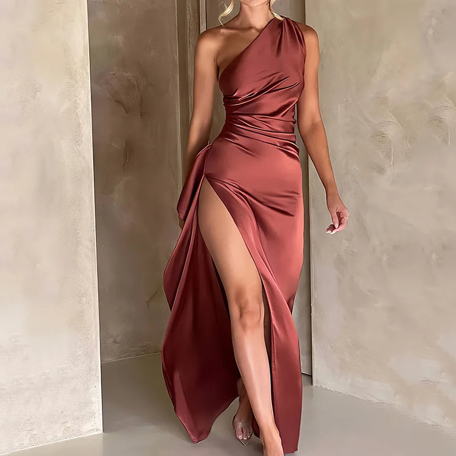 Sexy One Shoulder Satin Long Dress For Women Summer Sleeveless High Split Backless Party Evening Dresses Elegant Cocktail Dress