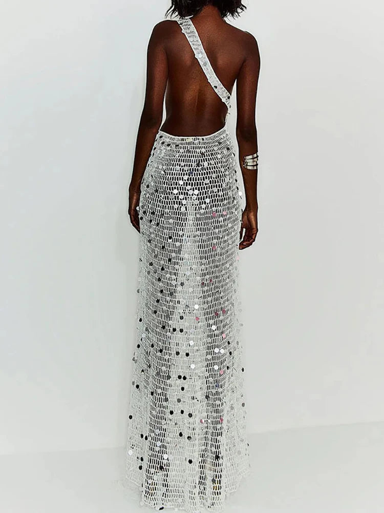 Skew Collar See Through Sexy Maxi Dress, Women Summer Hollow Fashion Party Dress, 2026 Solid Sleeveless Patchwork Ladies Dress