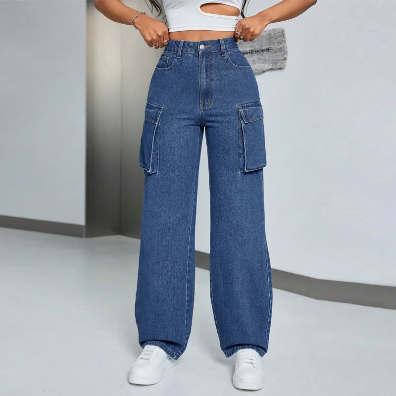 Benuynffy High Waist Multi-pocket Loose Cargo Jeans Women's Streetwear Casual Zipper Fly Washed Straight Leg Denim Pants