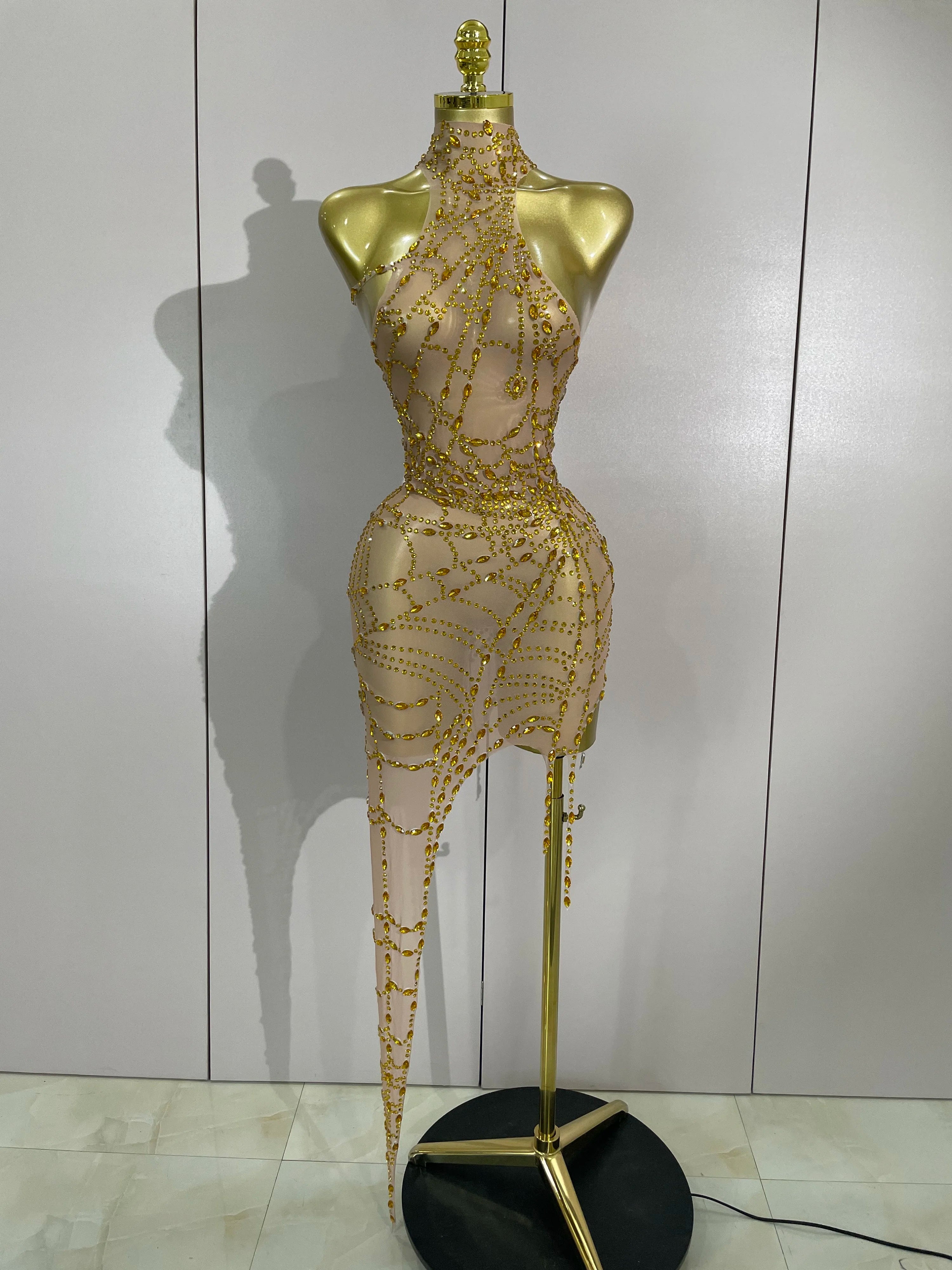 STOCK Sparkly Diamond Sexy Mesh Asymmetric Bodycon Mini Dress Women Nightclub Bar Party Show Gogo Dancer Clothing Stage Costume