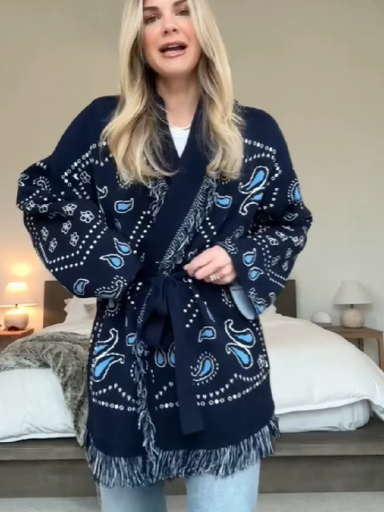Tassel Patchwork Printed Cardigan Women Geometric Patterns Belts