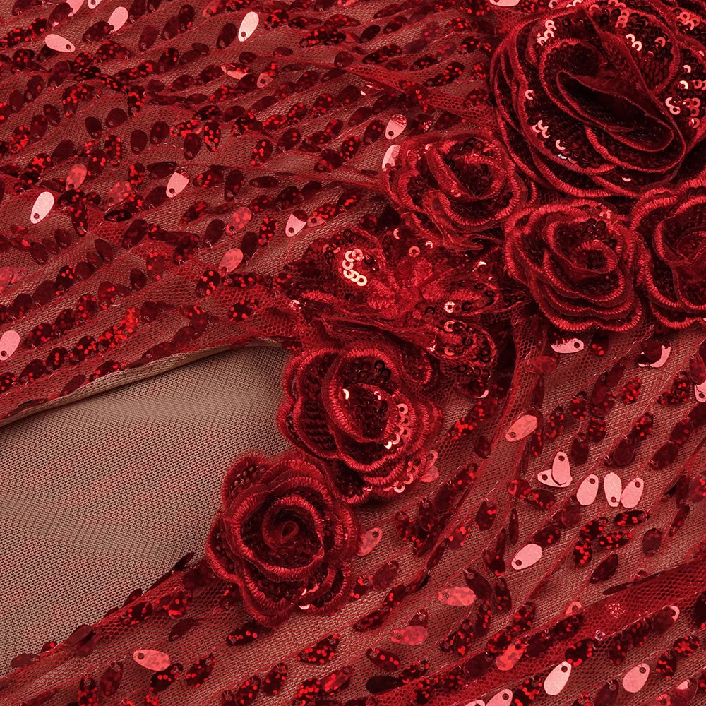 Glamorous Red Sequin Evening Dress with High Slit and Floral Detailing Sexy Party Cocktail Long Dress Sexy Women Vestidos