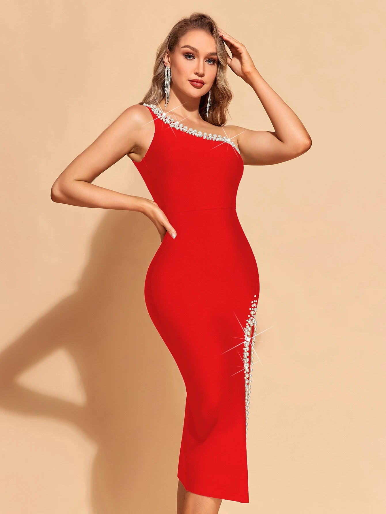 Women's Pearl Beading One Shoulder Tight Bodycon Bandage Dress