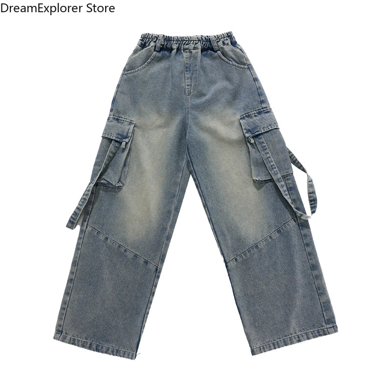 K-pop Girls' Denim Crop Top & Cargo Jeans Set