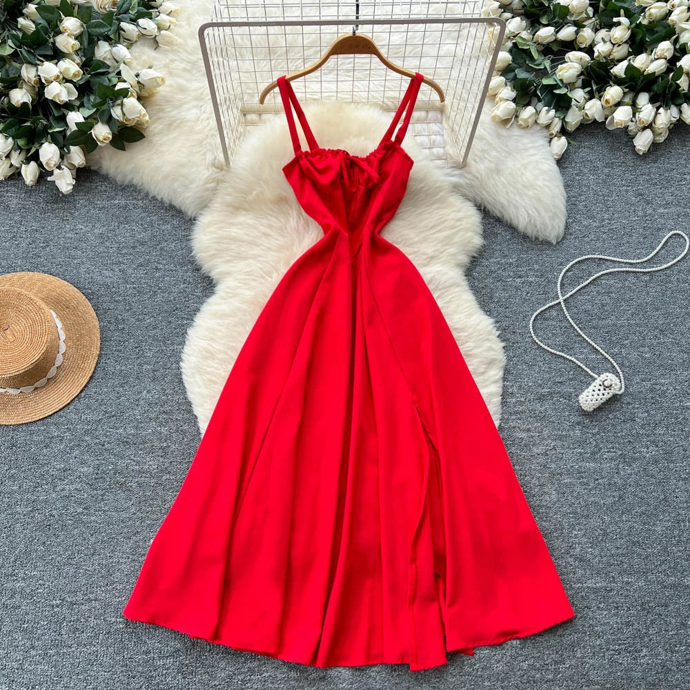 Vintage sexy split Ruched Dress Chic Summer Beach fairycore Vestidos Vacation women clothing ceremony dresses