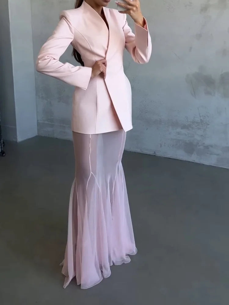 Yitimuceng Elegant Solid Mesh Maxi Skirt 2 Piece Set Women Streetwear V Neck Long Sleeve Coat 2025 New Autumn Winter Skirt Sets