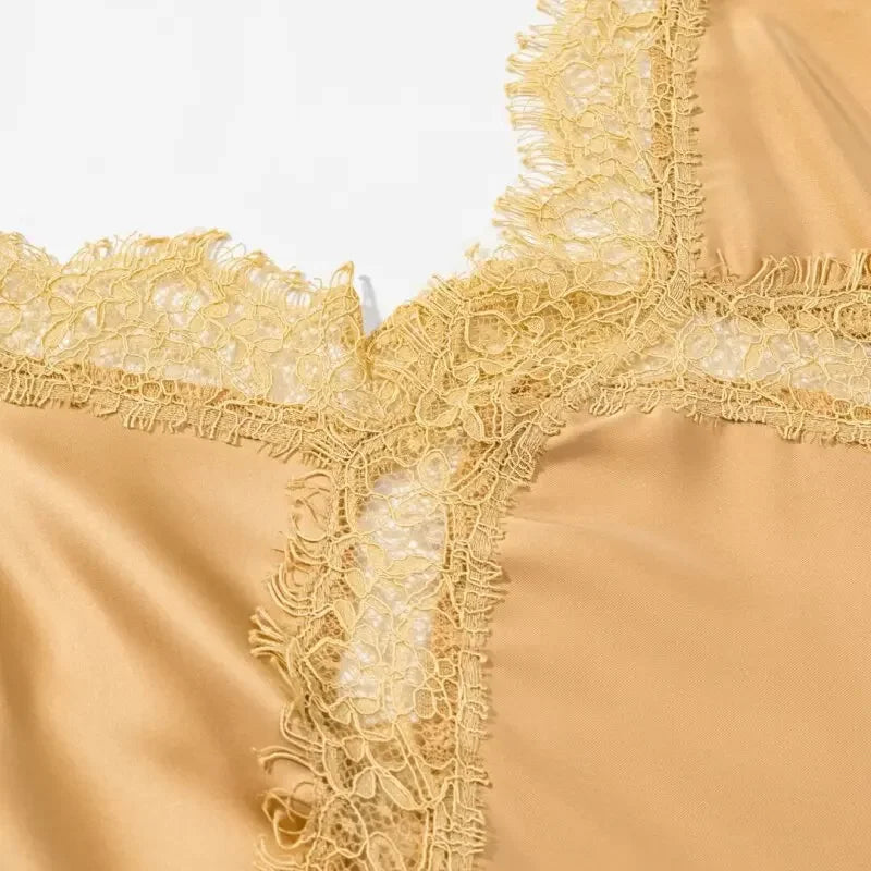 Silk Satin Texture Sexy Dress Women Summer Elegant Lady Long Dresses Daily Streetwear Holiday Clothing Lace Edge