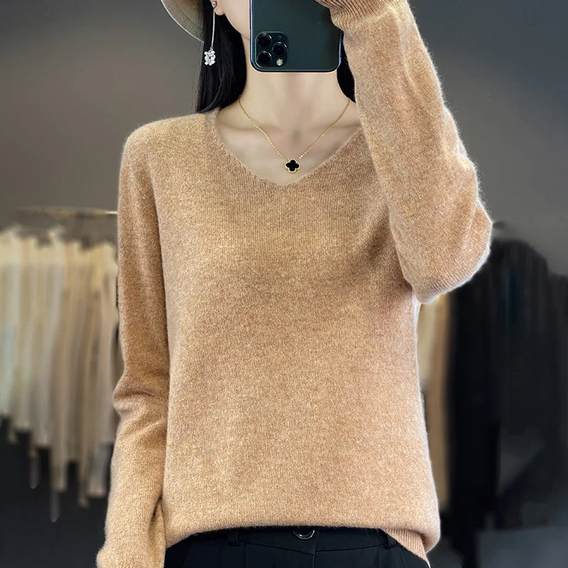 100% Merino Wool V-Neck Sweater for Women