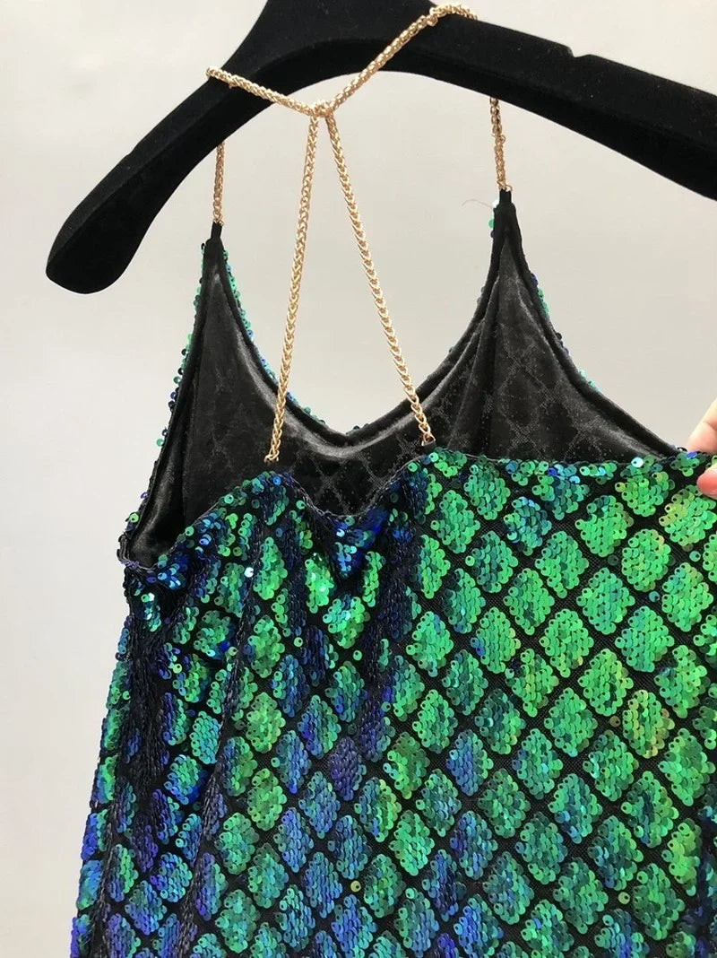 Sexy Dresses Party Night Club Dress 2024 Dress Summer Metal Hanging Neck Sequins Backless Holiday Skirt with Shoulder-straps